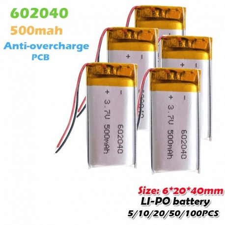 10 DB - 602040 3,7 V 500 mAh Li-ion lítium polimer újratölthető akkumulátor MP3 MP4 Smart Watch Bluetooth fülhallgatóhoz