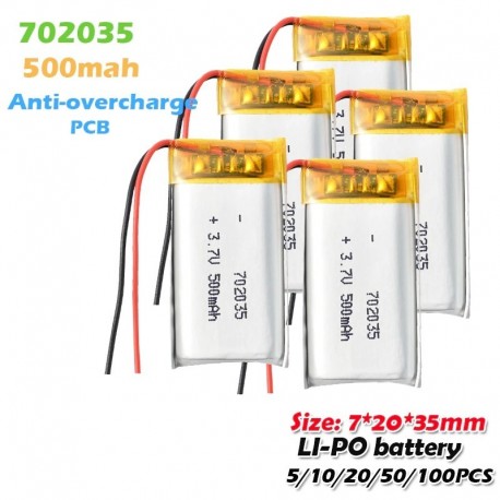 50PCS - 702035 3,7 V 500 mAh újratölthető lítium polimer Li-po akkumulátor a BT hangszóróhoz intelligens karóra LED