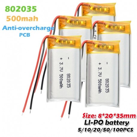 20PCS - 1 / 2db 3.7V 500mAh 802035 polimer lítium akkumulátor MP3 MP4 MP5 Bluetooth headset figyelő kaputelefonhoz Li-polimer