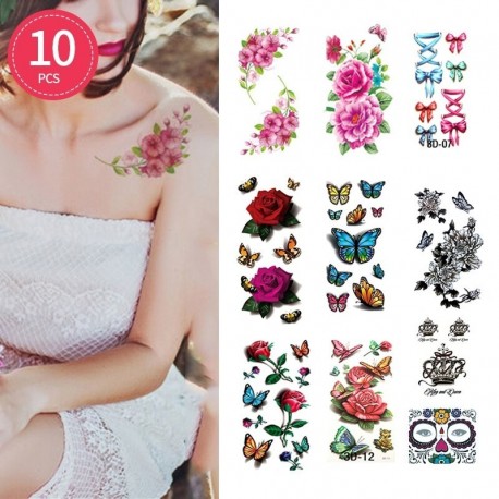 10 DB - 10db Vízálló ideiglenes tetováló matrica Virág Rózsa Flash tetoválások Body Art kar mellkas hamis ujjú
