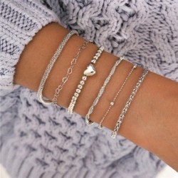 Fém szín: 84162 - 6 db/készlet Bohém ezüst színű karkötők és karkötők szett Vintage Beads Charm szív karkötő női