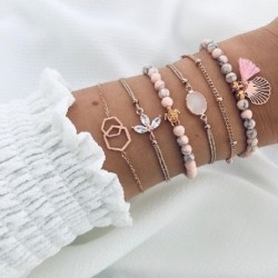 Fém szín: B00167 - 6 db/készlet Bohém ezüst színű karkötők és karkötők szett Vintage Beads Charm szív karkötő