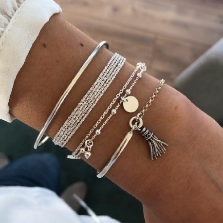 Fém szín: 83631 - 6 db/készlet Bohém ezüst színű karkötők és karkötők szett Vintage Beads Charm szív karkötő női