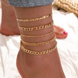 Fém szín: 50444 - 5 db/készlet Új Vintage Simple Gold Color Link Lánc Bokaláncok Női Lányok Bohém láb Bokalánc