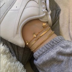 Fém szín: 50328 - 5 db/készlet Új Vintage Simple Gold Color Link Lánc Bokaláncok Női Lányok Bohém láb Bokalánc