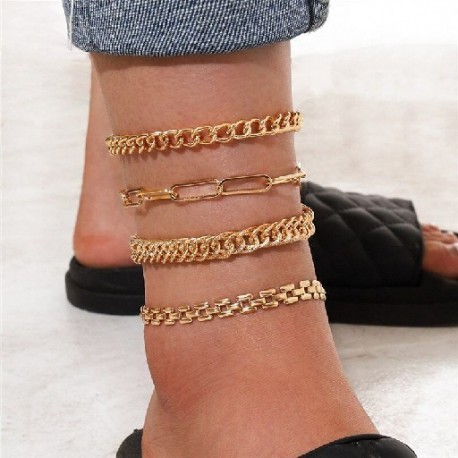 Fém szín: 50430 - 5 db/készlet Új Vintage Simple Gold Color Link Lánc Bokaláncok Női Lányok Bohém láb Bokalánc