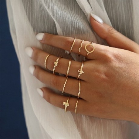 Fő kő színe: R00082 - 9db/szett Bohemian Vintage arany színű szívgyűrű szett nőknek Personality Design Ring Party