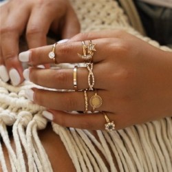 Fő kő színe: 15880 - 9db/szett Bohemian Vintage arany színű szívgyűrű szett nőknek Personality Design Ring Party