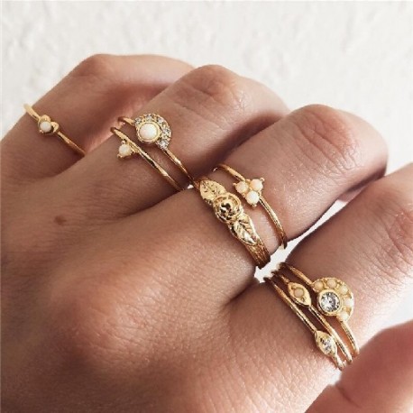Fő kő színe: 15890 - 9db/szett Bohemian Vintage arany színű szívgyűrű szett nőknek Personality Design Ring Party