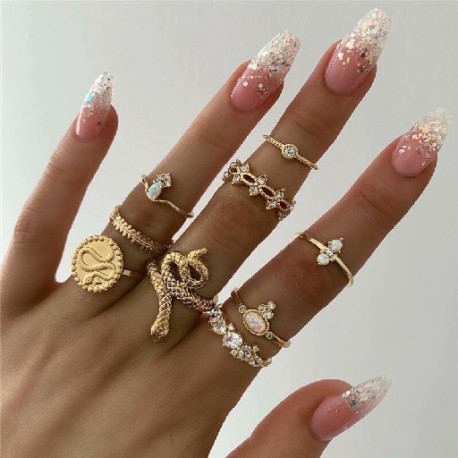 Fő kő színe: 15860 - 9db/szett Bohemian Vintage arany színű szívgyűrű szett nőknek Personality Design Ring Party