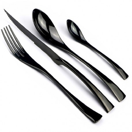 Fekete szín - 24 db Fényes fekete étkészlet evőeszköz készlet rozsdamentes acél Sharp steak ezüst edénykészlet