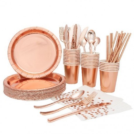 Szín: 80db Rose gold készlet - 80 Buah Alat Makan Pesta Sekali Pakai Termasuk Piring Kertas Pesta Ulang Tahun, Serbet, Gelas,