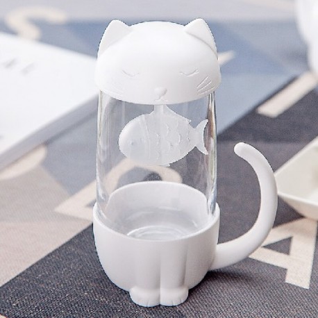 Szín: Fehér Cat - 280 ml Cangkir Teh Kaca Anjing és Kucing Lucu dengan Saringan Infuser Ikan Gelas Kantor Hadiah Baru Gelas
