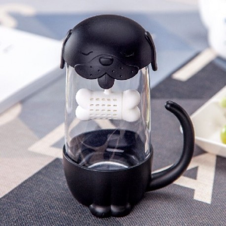 Szín: fekete kutya - 280 ml Cangkir Teh Kaca Anjing és Kucing Lucu dengan Saringan Infuser Ikan Gelas Kantor Hadiah Baru Gelas