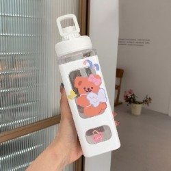 Űrtartalom: 900 ml - Kawaii Bear kulacs lányoknak Aranyos műanyag nyári iskolai italos palack csészékkel BPA mentes 700