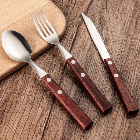 Szín: b-3db - 3db 304 rozsdamentes acél kreatív étkészlet Kreatív fa nyelű kanál készlet kanál steak kés villa kanál