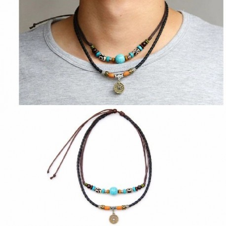 1 db Vintage nyaklánc Ősi törzs férfi kender bőr gyöngy Choker medál férfi nyaklánc nyaklánc férfi nyaklánc férfi