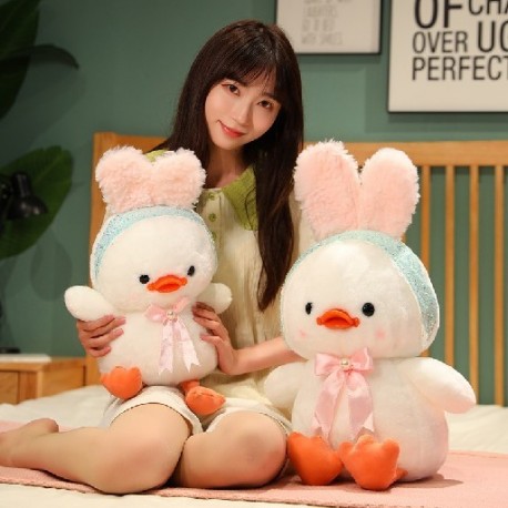 Magasság: 35 cm - 35/50/65 cm Lovely Duck plüss játékok Kawaii bolyhos kacsa nyúlfülekkel párna Meglepetés