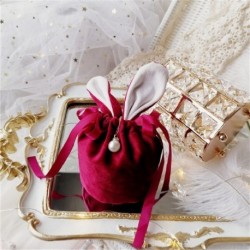 Szín: bordó - 1 db bársony aranyos nyuszi füles ajándékcsomagoló táska gyöngyházas húsvéti nyúl dekorációval