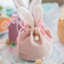 Szín: rózsaszín - 1 db bársony aranyos nyuszi füles ajándékcsomagoló táska gyöngyházas húsvéti nyúl dekorációval