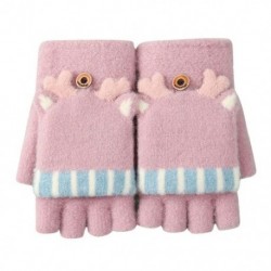 Szín: lila - Új női téli kötött meleg kesztyűk félujjas füles kesztyűk rajzfilm aranyos