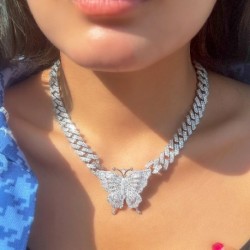 Fém szín: 5A minőség - CWWZircons Real Cubic Zirconia Luxury Statement Miami Cuban Link Chain nagy pillangó nyaklánc