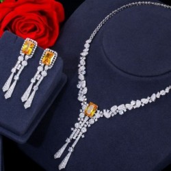 Fém színe: sárga - CWWZircons luxus sárga CZ Stone Dangle Drop hosszú bojt esküvői fülbevaló nyaklánc nagy Dubai