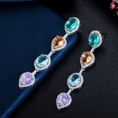 Fém színe: ezüst - CWWZircons Zöld Kék Cubic Circon Kristály lógó Hosszú Vízcsepp Fülbevaló Fülbevaló Divatos Női
