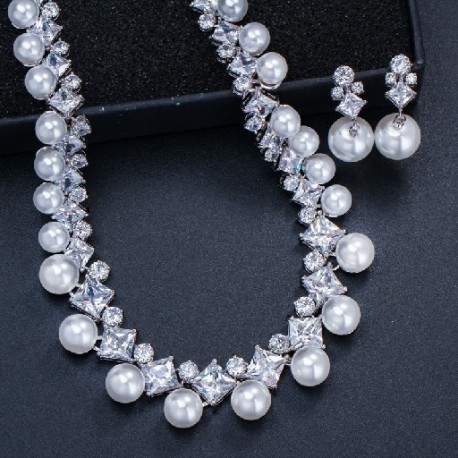 Fém színe: fehér - CWWZircons gyönyörű cirkónia kő nagy gyöngy nyaklánc fülbevaló szett nőknek esküvői