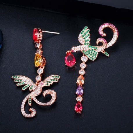 Fém szín: színes - CWWZircons Egyedi Multi Red Green Cubic cirkónia rózsa aranyozott, hosszú Phoenix Drop Dangle