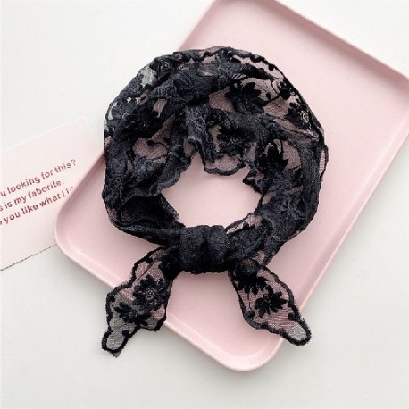 Fekete szín - Harajuku csipke virágos női háromszög sál kendő bandana női virág hímzés fej nyak sál zsebkendő