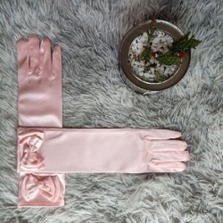 Szín: rózsaszín - 29 cm hosszú kesztyű szatén kétrétegű masni gyöngy teljes ujjú ujjatlan egyszínű Princess