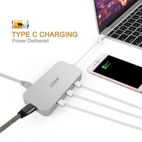 LESHP alumínium fehér Type-c USB-3.0 3 portos HUB RJ45 Gigabit 49.68-kompatibilis 4K PD töltő digitális AV átalakító