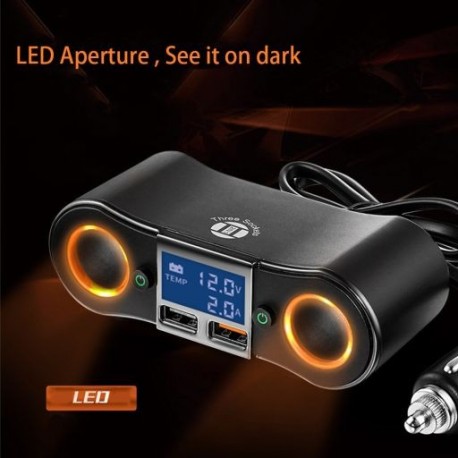 12V DC autós szivargyújtó adapter 2 utas dupla dugós aljzat kettős USB LCD autós töltő osztó feszültség monitor