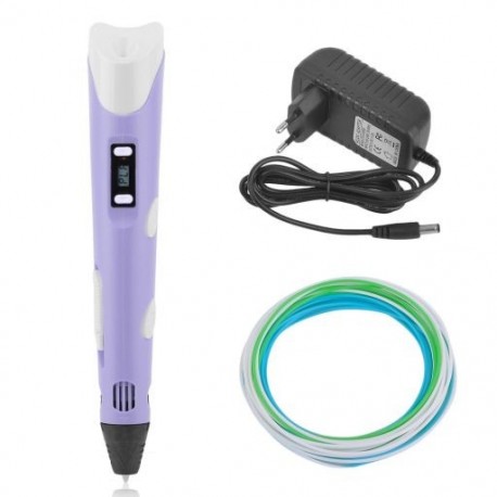 szín: lila - 3D nyomtató toll szett LCD kijelzős 3D rajztoll erős szálakkal EU dugós születésnapi ajándék gyerekeknek