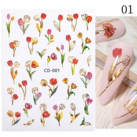 Szín: CD-001 - 1 db 3D körömmatrica arany juharlevelek öntapadó tulipán virág levél transzfer csúszkák matricák DIY
