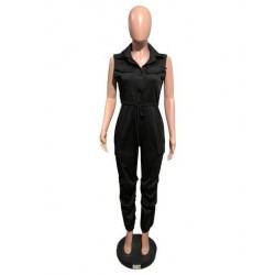 Szín: fekete L - Safari Styie Fekete Khaki Romper Női Jumpsuit Lefordított gallérral Ujjatlan bő Overall Nyári Őszi