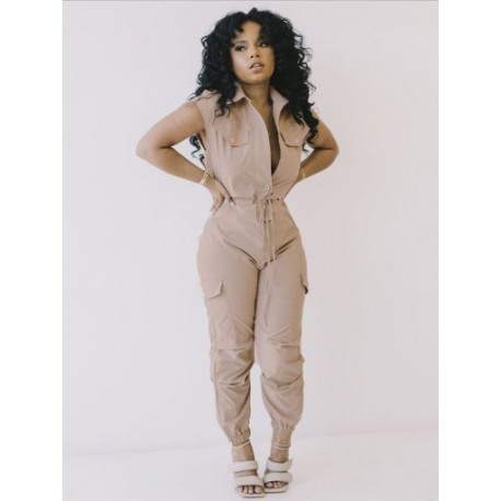 Szín: Khaki L - Safari Styie Fekete Khaki Romper Női Jumpsuit Lefordított gallérral Ujjatlan bő Overall Nyári Őszi