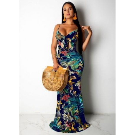Szín: Sötétkék L - Spagettipántos Elegáns sellő hosszú női ruha virágmintás Nyitott hátú Bodycon ruha Nyári Mély