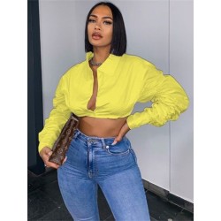 Szín: sárga M - Akaily fehér, rövid női ing utcai viselet, V nyakú, gombos, felfújható ujjú felső női kauzális