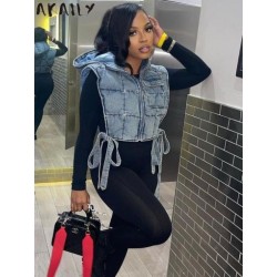 Szín: világoskék M - Akaily Fall Blue Cargo farmermellény női divatos 2022-es kapucnis ujjatlan téli kabát, női alkalmi,