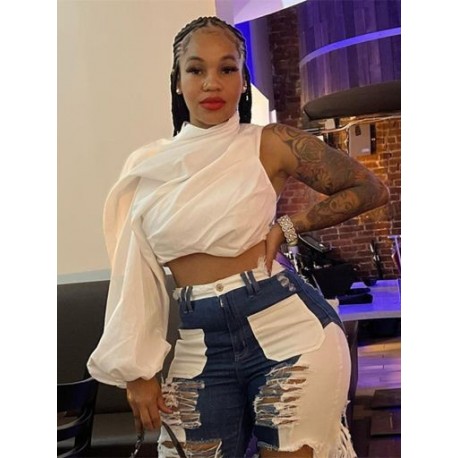 Szín: fehér M - Akaily nyári aszimmetrikus fehér pólók női 2022-es utcai viselet, vállas felső női kötszeres hát