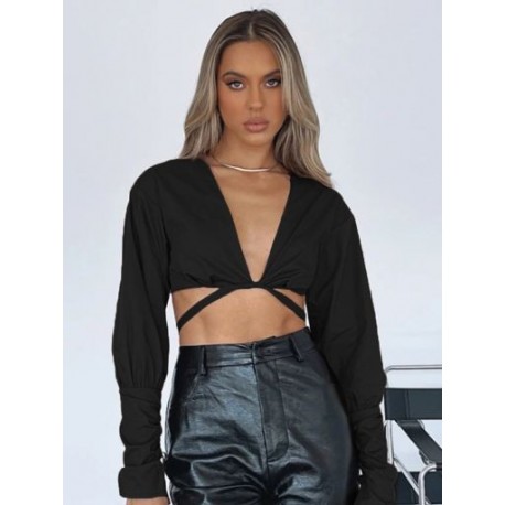 Szín: fekete XXL - Akaily Street Fall Solid V nyakú kötszeres alkalmi póló női 2022-es barna cipzáras hosszú ujjú Crop