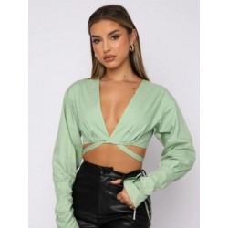 Szín: zöld XXL - Akaily Street Fall Solid V nyakú kötszeres alkalmi póló női 2022-es barna cipzáras hosszú ujjú Crop