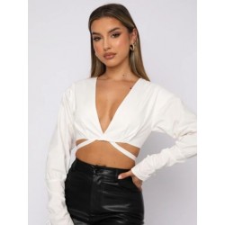 Szín: fehér XXL - Akaily Street Fall Solid V nyakú kötszeres alkalmi póló női 2022-es barna cipzáras hosszú ujjú Crop