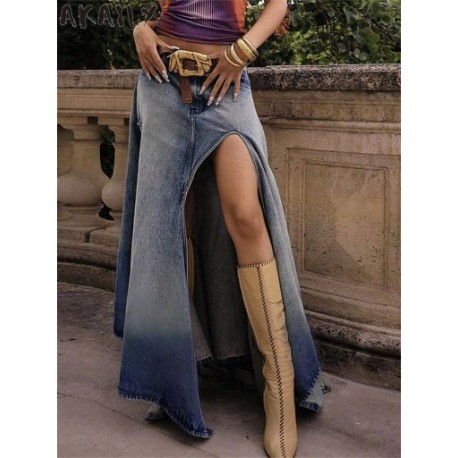 Szín: kék M - Akaily nyári aszimmetrikus farmerszoknyák nőknek 2023 Streetwear színátmenetes magas derekú, hosszú