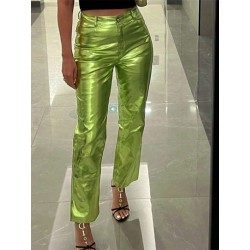 Szín: zöld S - Akaily őszi fényes műbőr nadrág női divat 2022 magas derekú vékony ezüst pu hosszú nadrág Női