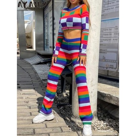 Szín: MULTI S - Akaily nyári csíkos kötött 2, kétrészes készletek, női ruhák, 2022, hosszú ujjú pulóver és hosszú