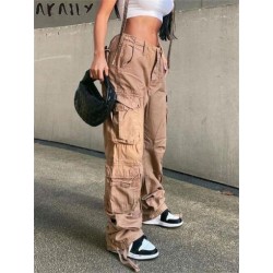 Szín: Khaki S - Akaily Fall Khaki Cargo Női nadrágok, divatos 2022, alacsony emelkedésű zsebek, alkalmi táskás nadrágok,
