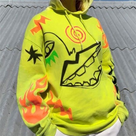 Szín: sárga S - Akaily őszi utcai ruházati nyomat Túlméretes fehér kapucnis női sárga bő, hosszú ujjú pulóverek